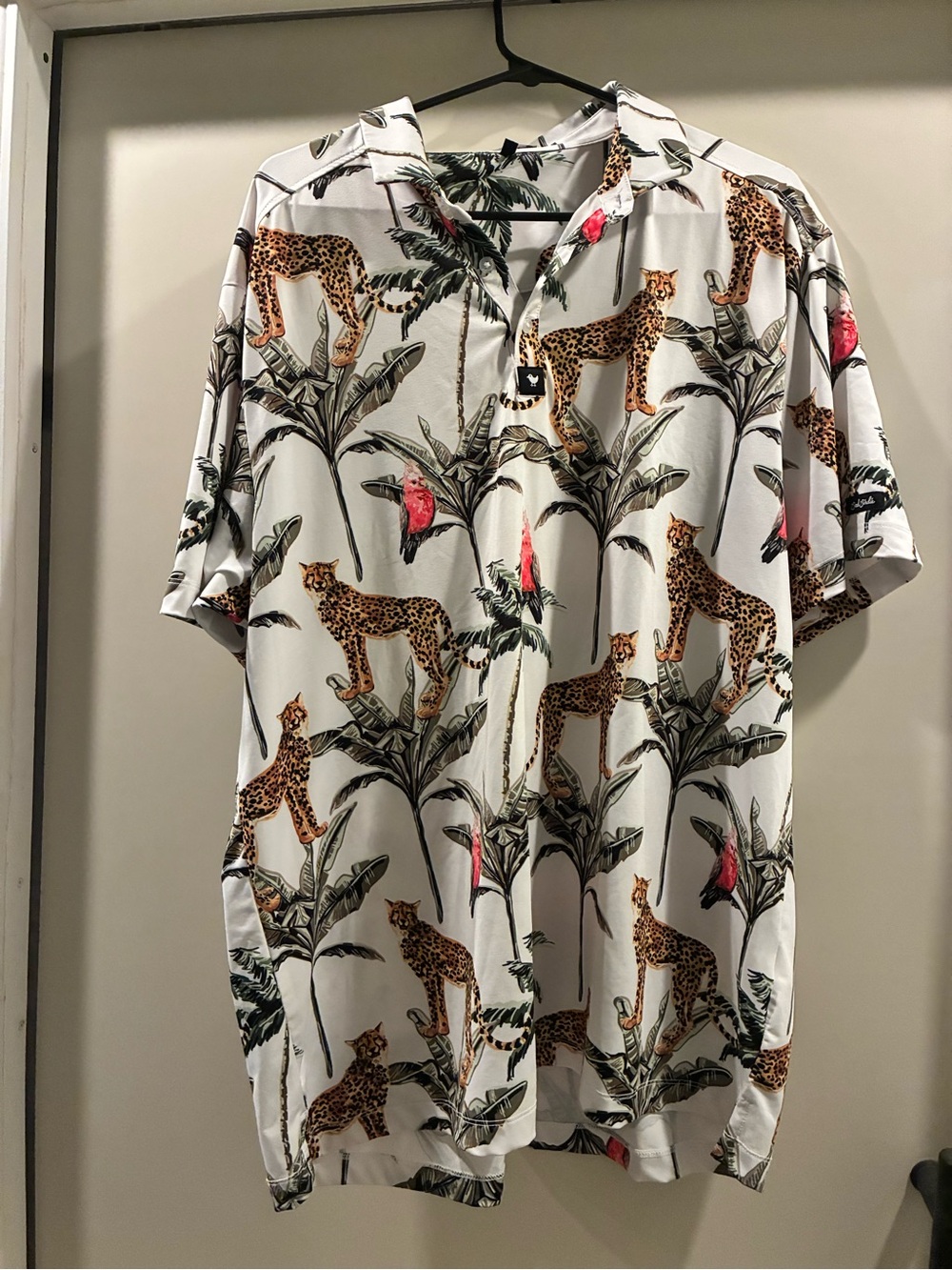 Bad Birdie Men's White Tropical Leopard Print Short-Sleeve Shirt- Golf